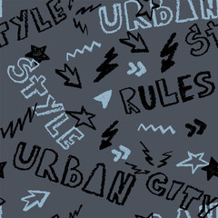 Abstract seamless chaotic pattern with urban graffiti words. Grunge texture background. Wallpaper for boys. Fashion sport style