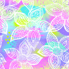 Fototapeta na wymiar Abstract seamless pattern for girls. Creative vector background with hand drawn colourful flowers. Funny wallpaper for textile and fabric. Fashion style.