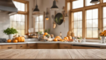 Wood table with copy space in autumn kitchen with pumpkin decorations - obrazy, fototapety, plakaty