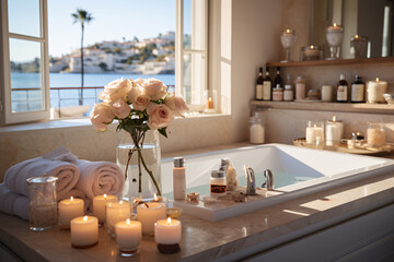 Beautiful spa composition with candles and roses on table near window in bathroom. Elegant bathroom with roses and scented candles.