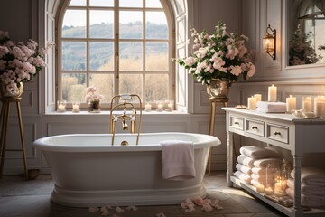 Beautiful spa composition with candles and roses on table near window in bathroom. Elegant bathroom with roses and scented candles.