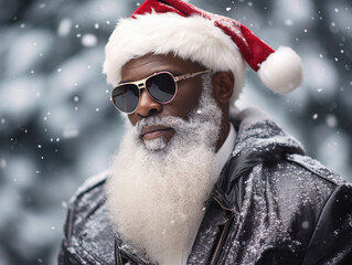 Cool modern black Santa Claus in leather jacket and sunglasses