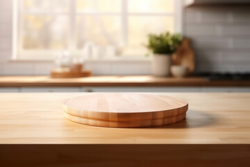 Empty round wooden tray on kitchen counter against kitchen background with space for product or inscriptions and text.generative ai
 - obrazy, fototapety, plakaty