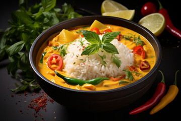 Indian curry dish with rice and sauce and chili peppers on a beautiful background with ingredients next to it, close up view.generative ai
