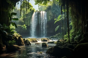 Scenic waterfall in lush tropical jungle. Generative AI