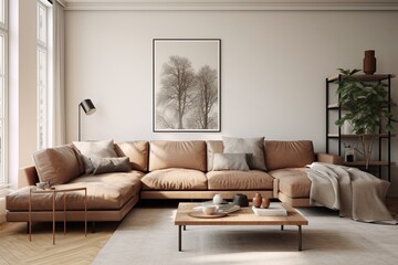 Light neutral-toned living room with a leather couch and modern decor. Generative AI