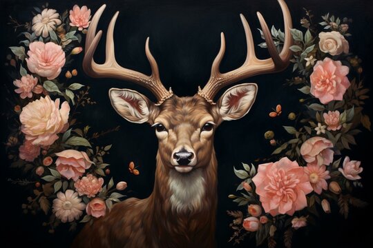 A painting of a deer adorned with flowers and a flower crown, set against a dark background with a central arrangement of pink flowers on its antlers. Generative AI