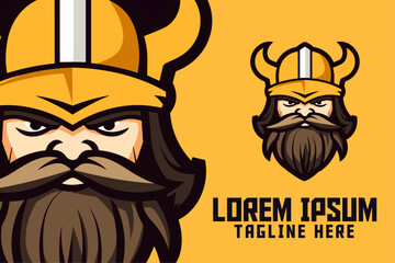 Nordic Template of Golden Viking Mascot Head Logo: Warrior with Helmet Icon Badge Emblem for Berserker Sport and Esport