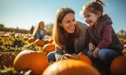 Mother and daughter sitting in pumpkin patch, outdoors portrait. Happy family at farm picking pumpkins for Halloween or Thanksgiving Day.
