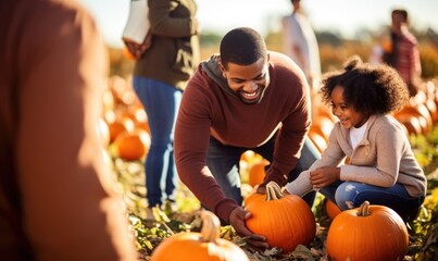 Father and daughter sitting in pumpkin patch, outdoors portrait. Happy family at farm picking...