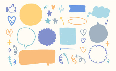 illustration set of cute doodles for daily planner, hand drawn notebook sheets and arrows. Color pencil goodnotes digital stickers, blank diary aesthetic elements vector for illustrator. Pastel kit