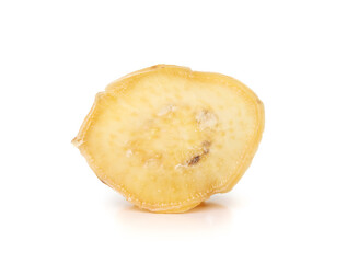 Sweet potato chip slice standing. Slow baked or dehydrated vegetable slice. Healthy dog snack or treat for obedience. Healthy chips with high fiber and vitamin A. Selective focus. White background.