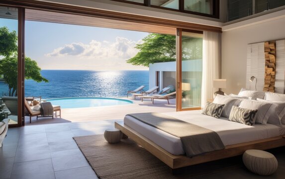 Contemporary loft bedroom overlooking private pool and sun deck with stunning ocean vista. Generative AI