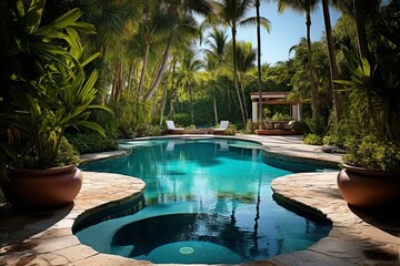 Beautiful pool surrounded by lush palm trees. Generative AI