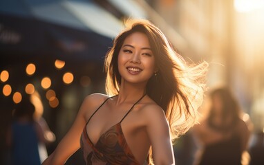 Portrait of a happy young Korean woman on a city street. expression of joyful emotions. street photograph of a girl.