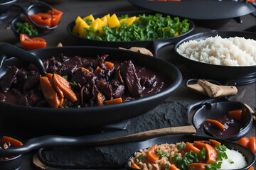 Close-up of an appetizing Feijoada from Brazil, traditional and full of flavor, with its juicy meat and creamy black beans. Generated by AI
