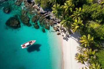 Fototapeta na wymiar Bird's-eye view of stunning Caribbean tropical island beach with palm trees and boat. Perfect vacation destination. Generative AI