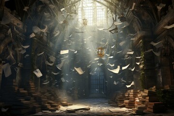 Image of an ancient room with scattered books and hanging cobwebs. Generative AI - obrazy, fototapety, plakaty