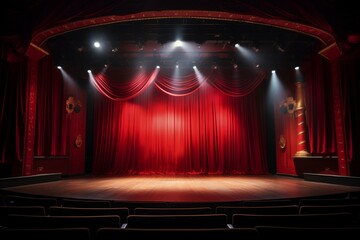 A theater stage with a red curtain and a tilted stage light. Generative AI