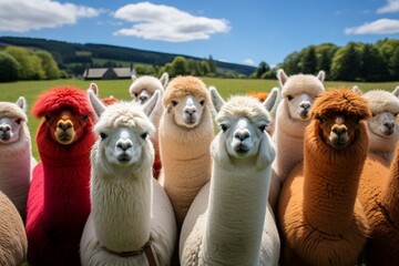 A delightful bunch of alpacas against a vibrant backdrop. Generative AI