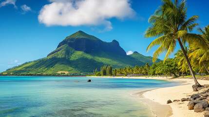 Naklejka premium Paisagem com praia e montanha de Le Morne na ilha Maurícia