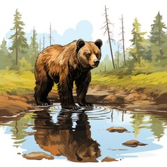 Curious Bear explores a forest stream isolated on a white background
