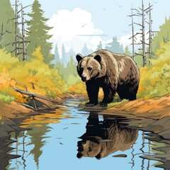 Curious Bear explores a forest stream