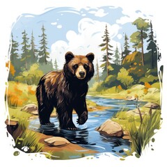 Curious Bear explores a forest stream isolated on a white background