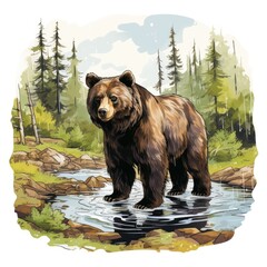 Curious Bear explores a forest stream isolated on a white background