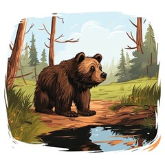 Curious Bear explores a forest stream isolated on a white background