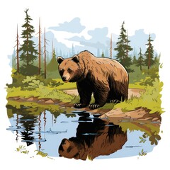 Curious Bear explores a forest stream isolated on a white background