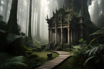 Ancient Ta Promh temple in the jungle, background AI generated illustration.
