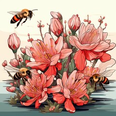 Cute Bees buzz among the blooming flowers isolated on a white background
