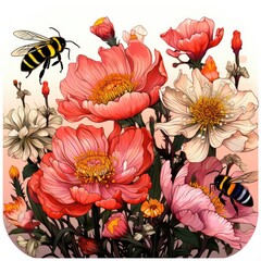 Cute Bees buzz among the blooming flowers isolated on a white background