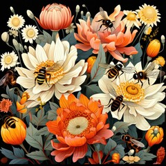 Cute Bees buzz among the blooming flowers isolated on a white background
