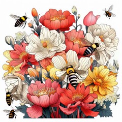 Cute Bees buzz among the blooming flowers isolated on a white background