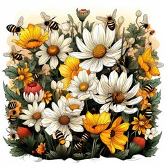 Cute Bees buzz among the blooming flowers isolated on a white background