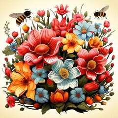 Cute Bees buzz among the blooming flowers isolated on a white background