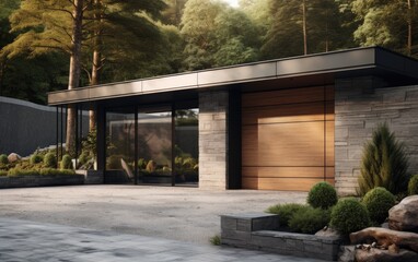 closed garage with aluminum exterior and natural granite pavement. Generative AI