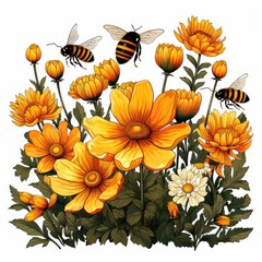 Cute Bees buzz among the blooming flowers isolated on a white background