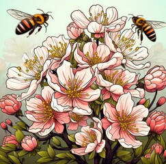 Cute Bees buzz among the blooming flowers isolated on a white background