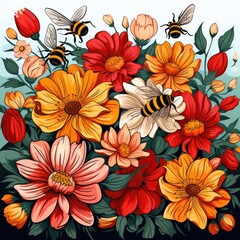 Cute Bees buzz among the blooming flowers isolated on a white background