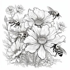 Cute Bees buzz among the blooming flowers isolated on a white background