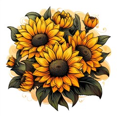 Radiant Sunflower turns their faces to the sun isolated on a white background