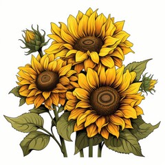 Radiant Sunflower turns their faces to the sun isolated on a white background
