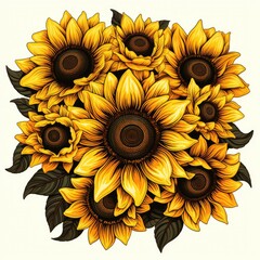 Radiant Sunflower turns their faces to the sun isolated on a white background