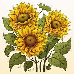 Radiant Sunflower turns their faces to the sun isolated on a white background