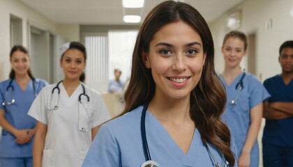 Nursing student standing with her team in hospital, dressed in scrubs, Doctor intern
