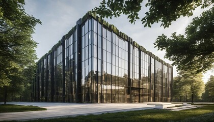 Fototapeta premium Eco-Friendly Glass Office: Sustainable Building with Trees and Green Environment