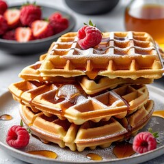 Delicious Waffle with Maple Syrup and Toppings